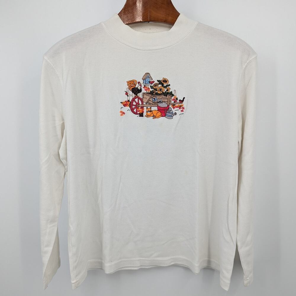 Vintage Y2K Mountain Lake Farmcore Embroidered Sweater XL White Cottagecore Fall